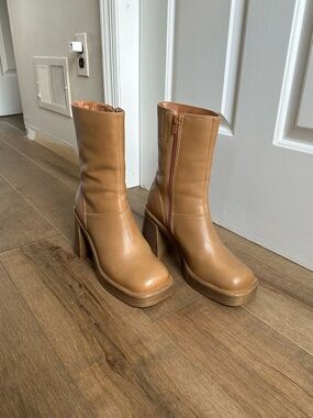 Women’s Tan Platform Block Heel Boots - Classic Mid-Calf Style